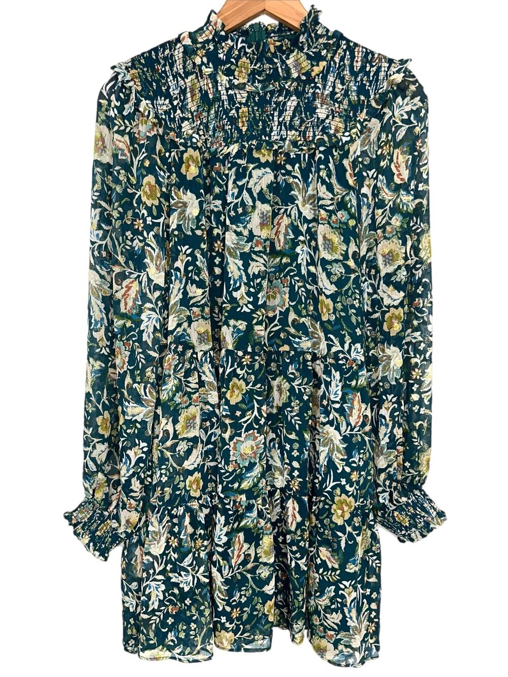 Avara Emerald Green Floral Paisley Babydoll Mock Neck Long Sleeve Mini Dress M